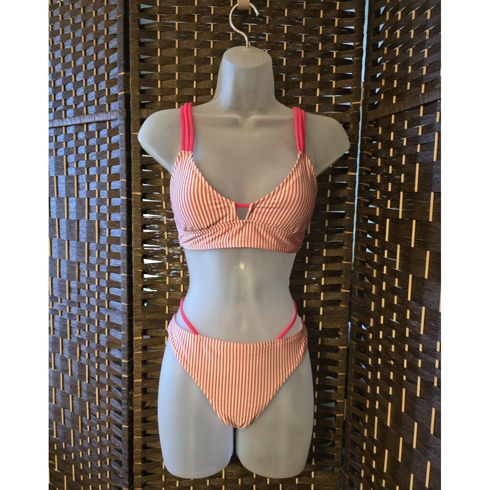 Red White & Pink Striped Bikini Set Womens M Nautical Candy Stripe Coastal Chic